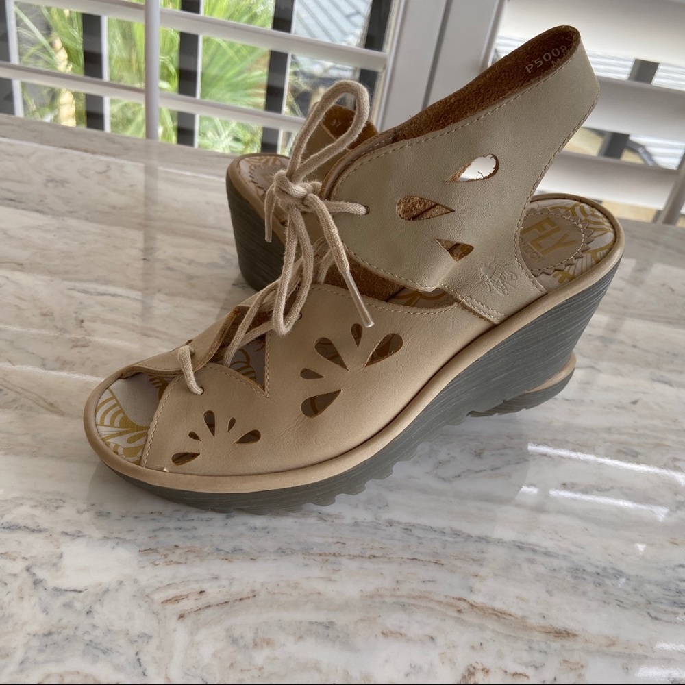 Fly London Tan Wedge Lace Up  Sandal